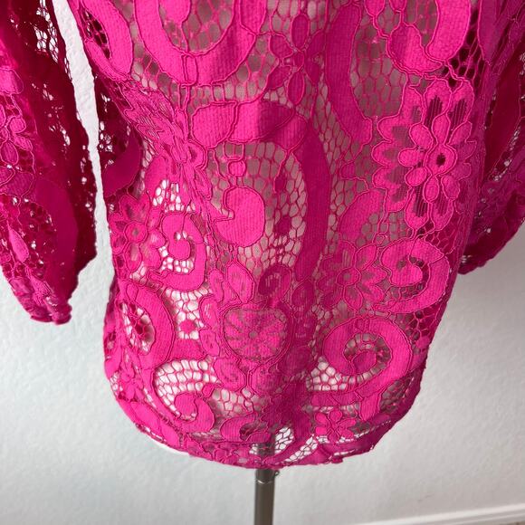 Saks Fifth Avenue Lace Button Up Collared Shirt Sheer 3/4 Sleeve Small Pink - Picture 9 of 13